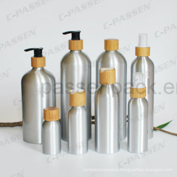 Cosmetic Aluminum Bottle with Bamboo Lotion Pump (PPC-ACB-065)